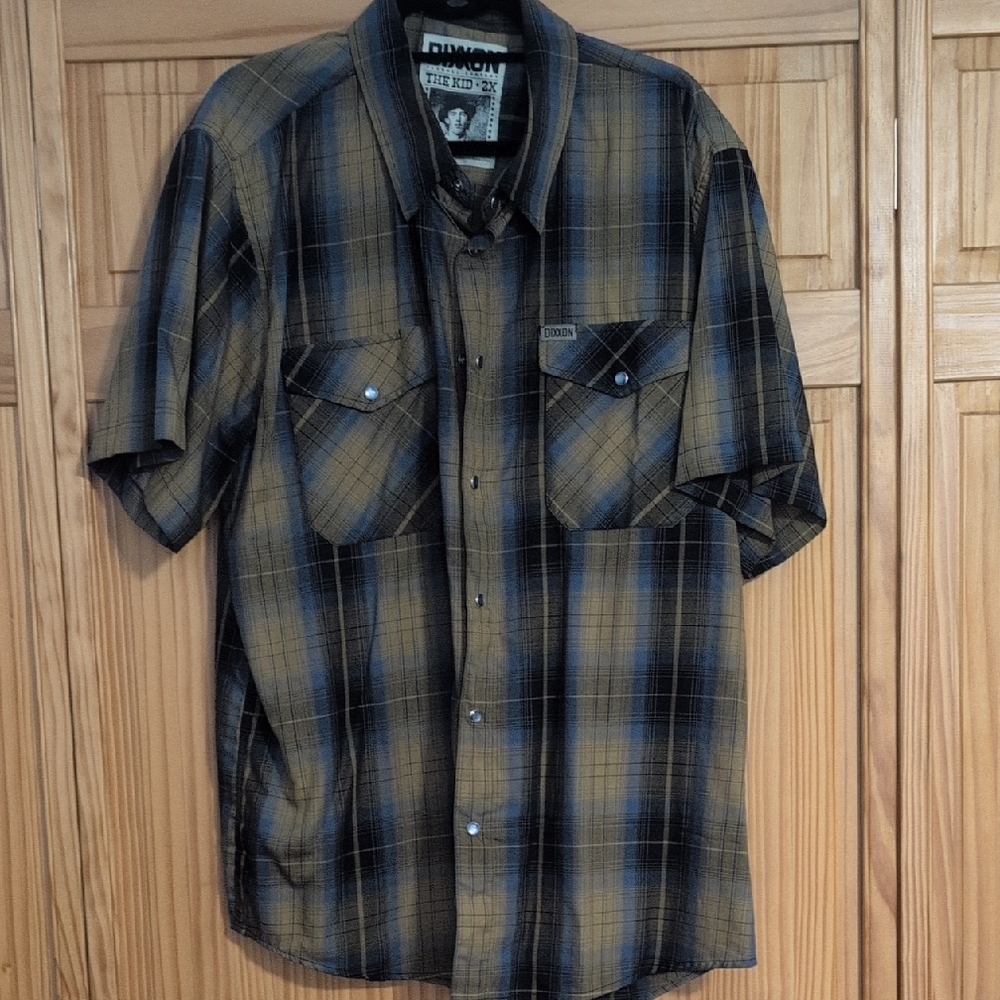 DIXXON THE KID Short-Sleeve Plaid Button-Down Shirt in Tan and Black - Picture 1 of 4